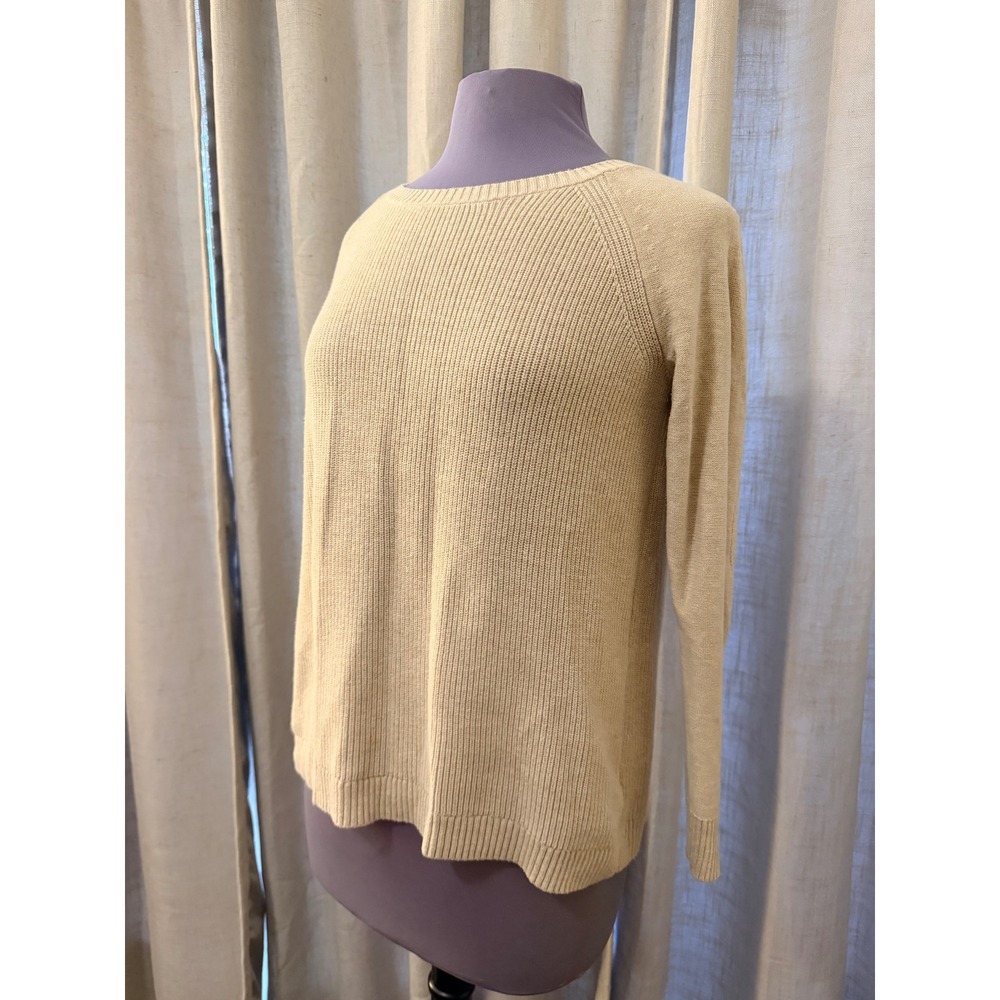 Talbots Women Sweater Medium Petite Beige Elbow Patch Ribbed Knit Preppy Classic